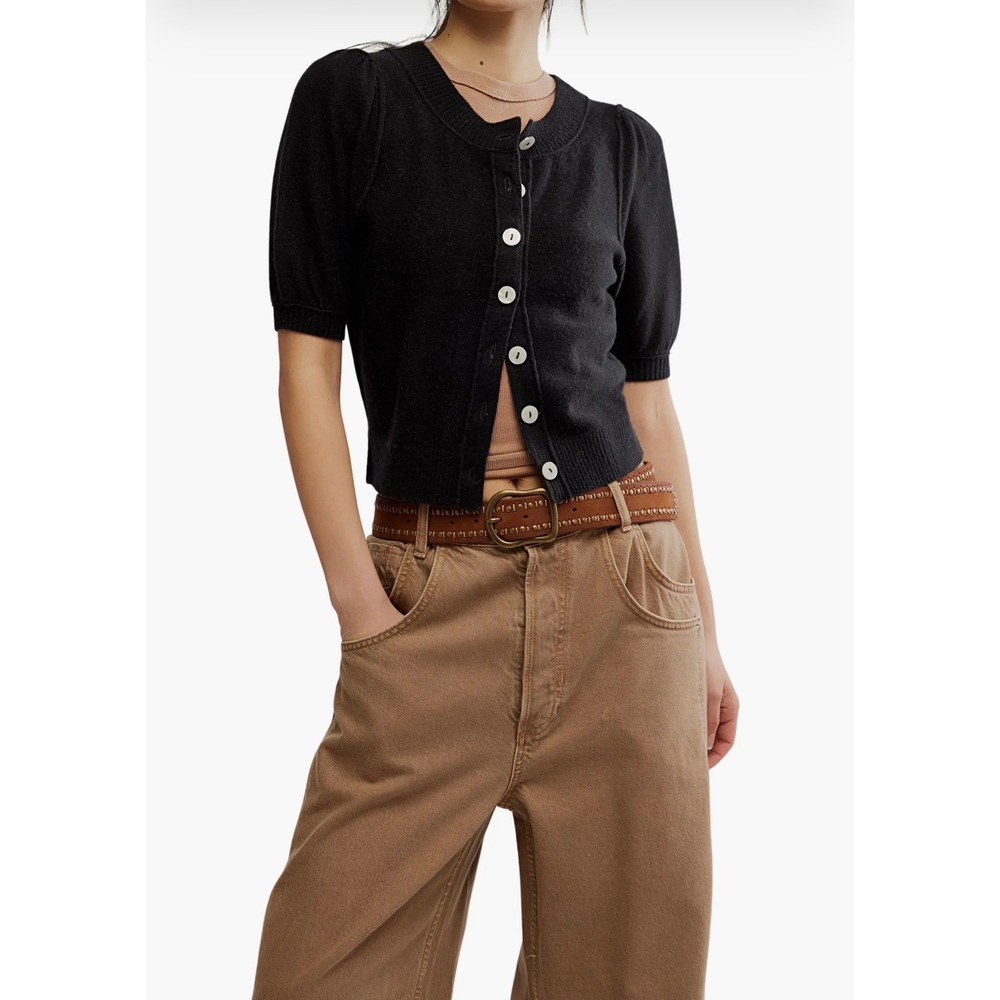 Free People Black Wool Cashmere Short Sleeve Cardigan Sweater OB2222634 Large